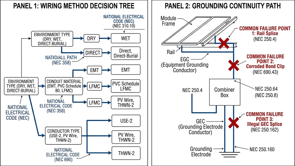 ** PV wiring method flowchart and grounding continuity path with common failure points - **Caption:** Figure 3. Wiring method selection and grounding continuity diagram highlighting common NEC 690 routing and bonding failure points. - **Suggested aspect ratio:** 16:9