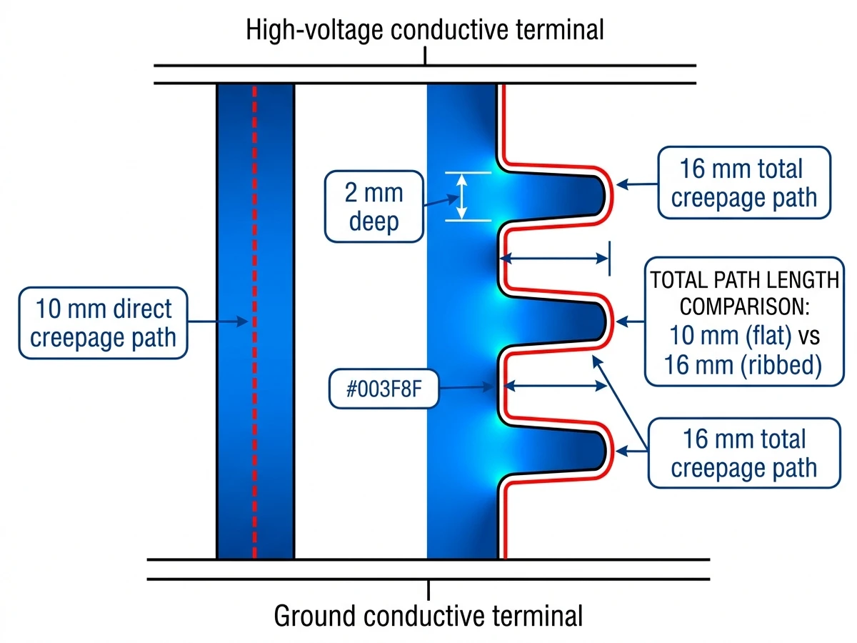 ** `Ribbed insulator barrier cross-section showing creepage distance increase from 10 mm flat to 16 mm with three ribs