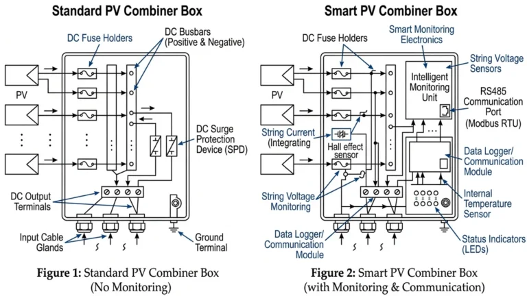 ** Smart PV combiner box vs standard showing monitoring modules, SPD, and fuse layout - **Caption:** Figure 1. Comparison of standard and smart PV combiner box architecture, highlighting the added monitoring and communication layer.