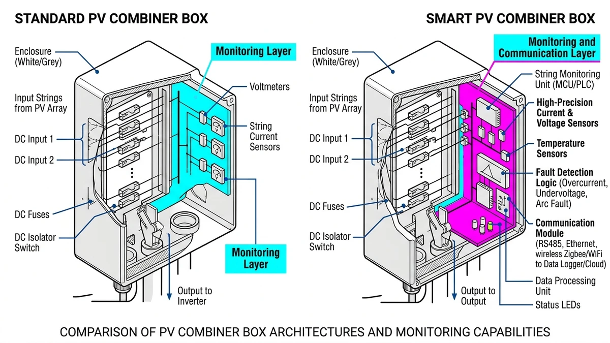 ** Smart PV combiner box vs standard cutaway showing sensors, RS485, SPD components - **Caption:** Figure 1. Side-by-side component comparison shows that smart combiners add sensing and communication without replacing core protection hardware. - **Suggested aspect ratio:** 16:9