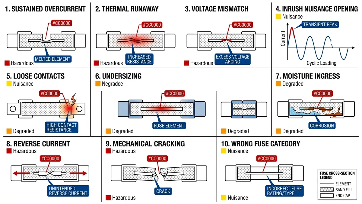 ** DC fuse failure modes grid showing ten solar installation fault mechanisms - **Caption:** Figure 2. Diagnostic grid summarizes ten repeatable DC fuse failure mechanisms observed in PV string protection. - **Suggested aspect ratio:** 16:9