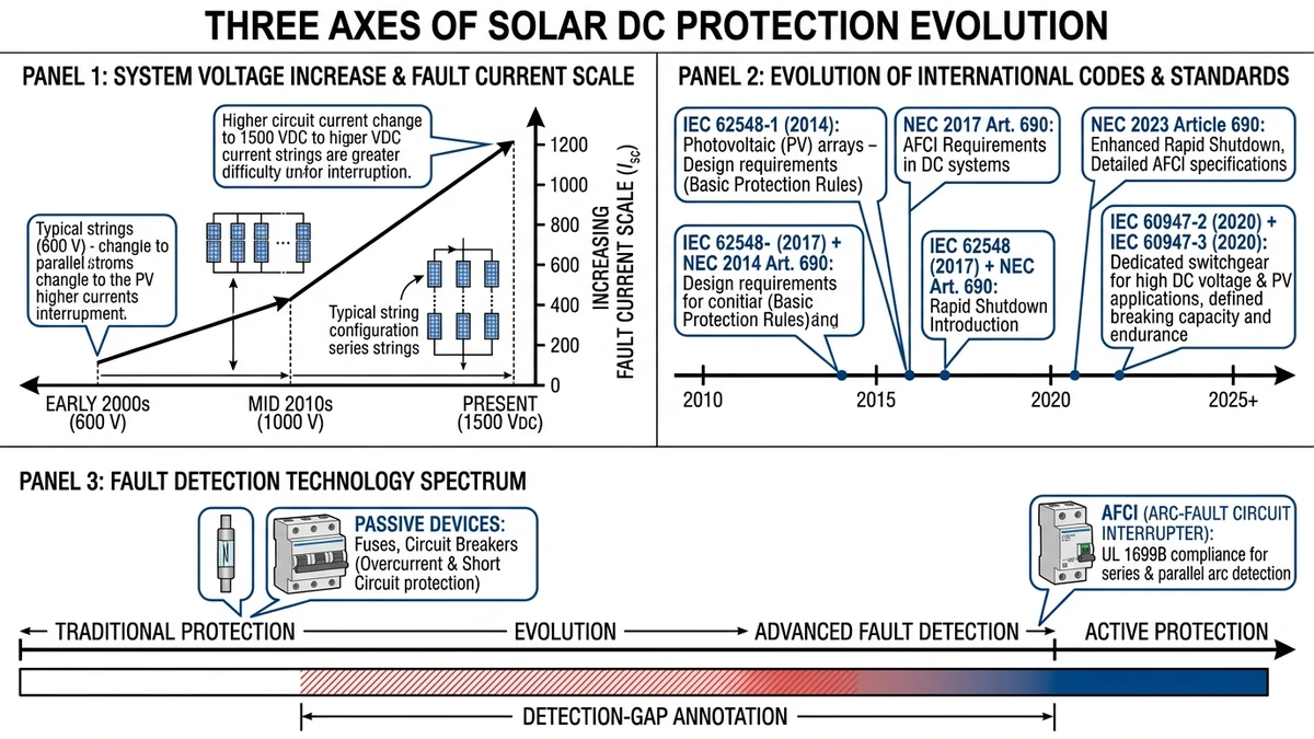 ** Solar DC protection change drivers showing voltage, code, and arc detection trends - **Caption:** Figure 1. Solar DC protection is shifting due to higher voltage architecture, tighter standards, and faster fault detection methods. - **Suggested aspect ratio:** 16:9