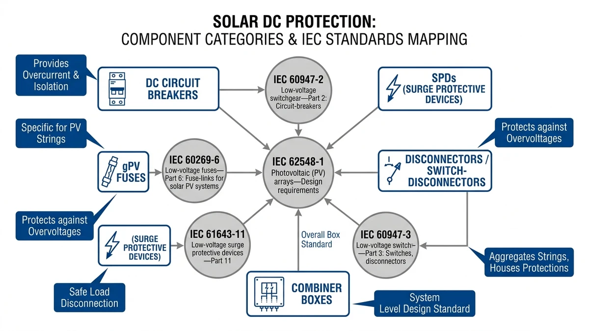 ** Solar DC protection component map linking products to applicable IEC standards - **Caption:** Figure 4. Major solar DC protection components should be specified together with their governing standards and coordination relationships. - **Suggested aspect ratio:** 16:9