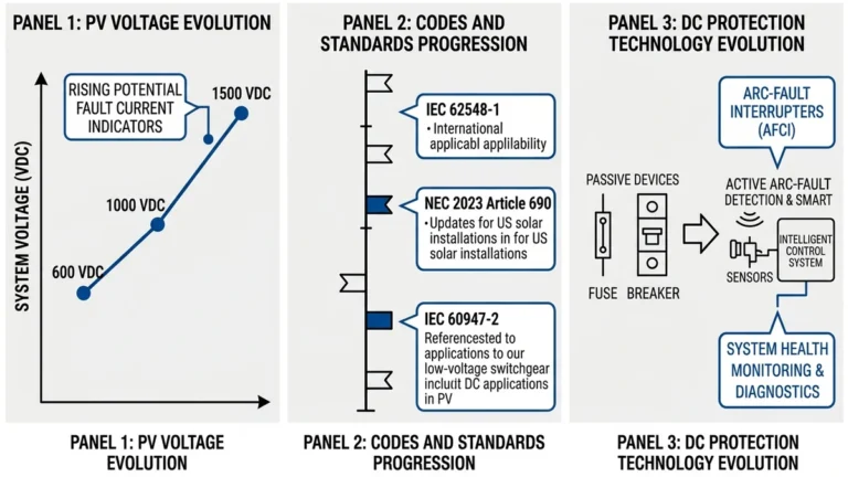 ** Solar DC protection trends diagram showing voltage, standards, and fault detection evolution - **Caption:** Figure 1. Overview of the three main drivers behind solar DC protection changes: voltage, compliance, and active fault detection.