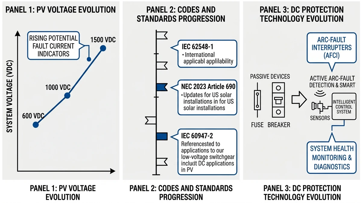 ** Solar DC protection trends diagram showing voltage, standards, and fault detection evolution - **Caption:** Figure 1. Overview of the three main drivers behind solar DC protection changes: voltage, compliance, and active fault detection.