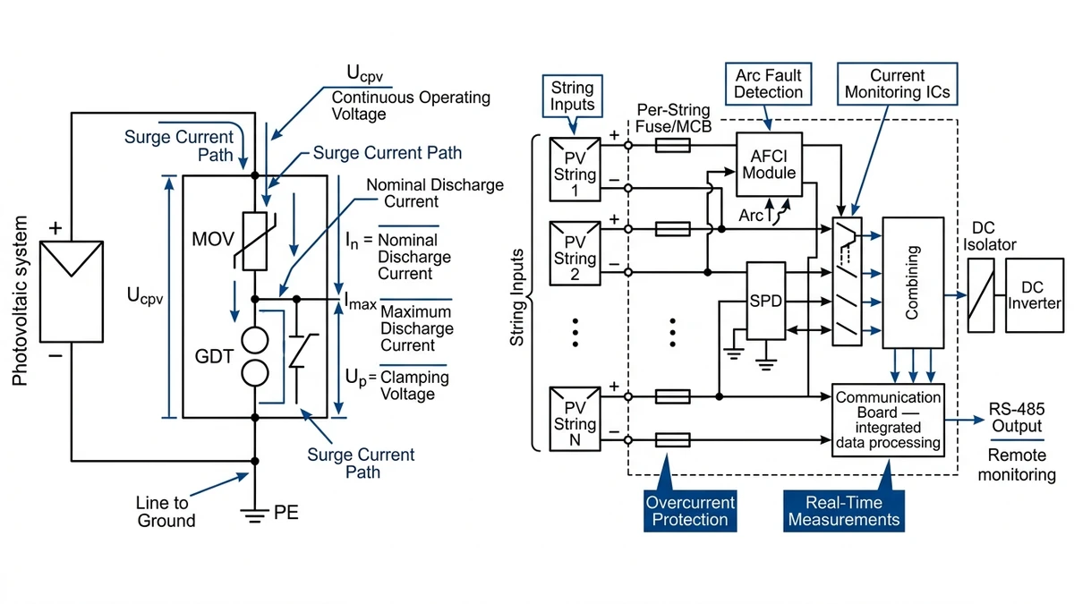 ** Solar DC protection schematic with SPD parameters and smart combiner box layout - **Caption:** Figure 3. Coordinated surge protection and string-level monitoring are central features of modern smart combiner box design. - **Suggested aspect ratio:** 16:9