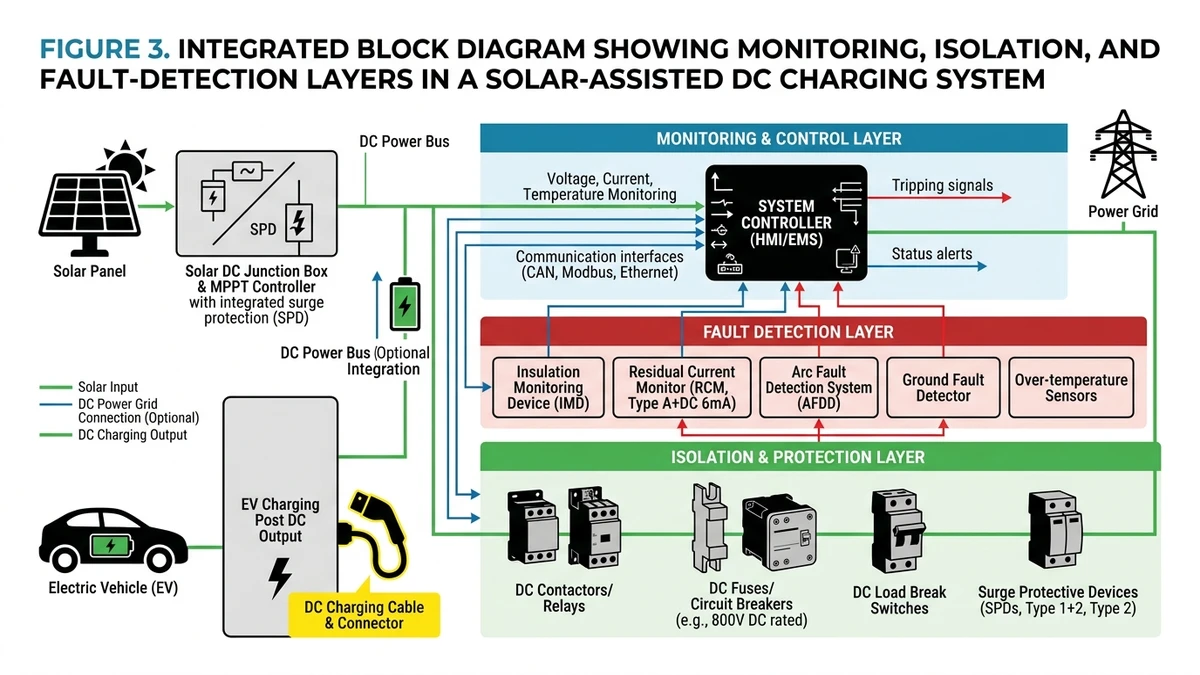 DC protection components for EV charging stations with monitoring and fault detection - Caption: Figure 3. Integrated block diagram showing monitoring, isolation, and fault-detection layers in a solar-assisted DC charging system. - Suggested aspect ratio: 16:9