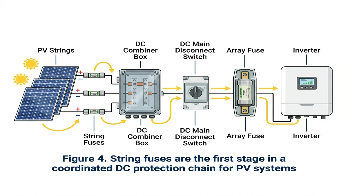 ** DC fuse protection sequence from string fuse to inverter in solar PV - **Caption:** Figure 4. String fuses are the first stage in a coordinated DC protection chain for PV systems. - **Suggested aspect ratio:** 4:3