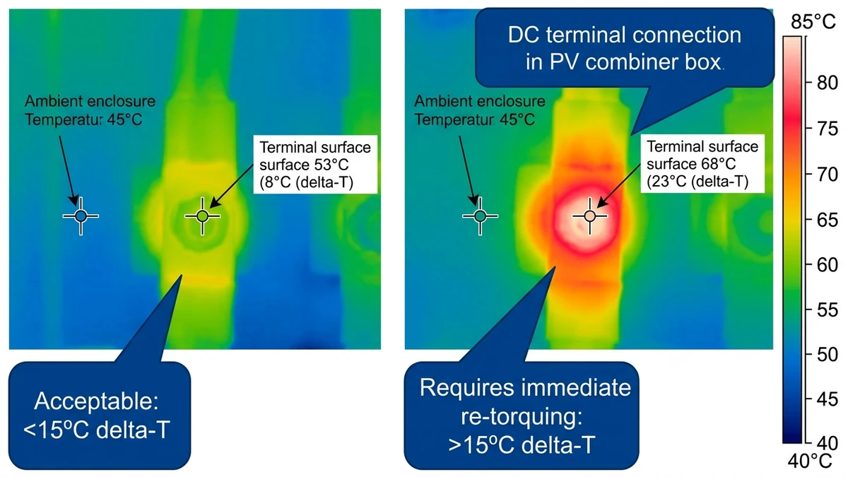 ** `Thermal imaging comparison of PV combiner box terminals: healthy connection at 8°C delta-T versus degraded connection at 23°C delta-T requiring re-torquing