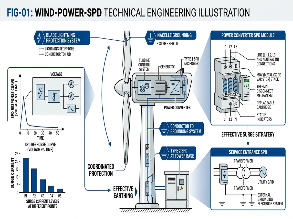 ** `Type 1 wind turbine SPD cross-section showing MOV varistor stack, spark gap chamber, thermal disconnect, and ground connection path with surge current flow