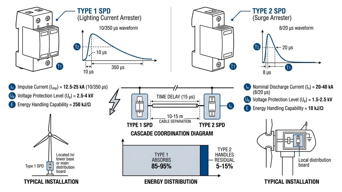 ** `Type 1 versus Type 2 SPD comparison showing test waveforms, discharge current ratings, voltage protection levels, and cascade coordination with cable separation requirements