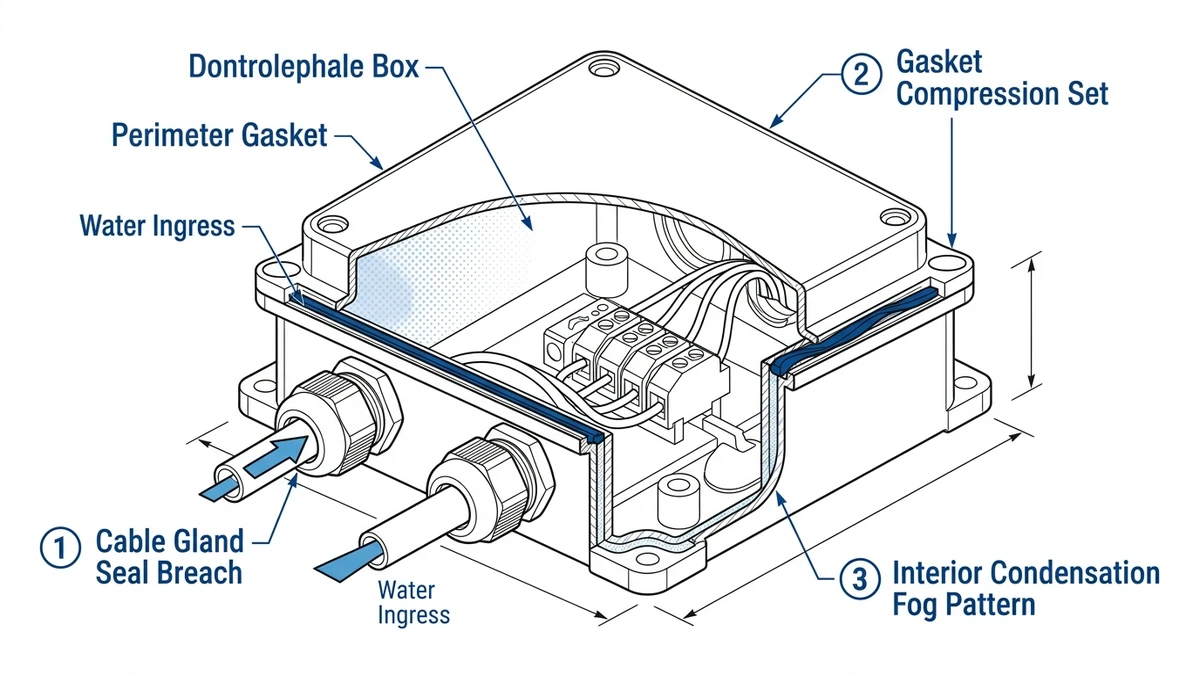 ** Waterproof distribution box cross-section showing condensation, gasket failure, and cable gland breach - **Caption:** Figure 1. Cross-sectional failure map identifying condensation, perimeter seal degradation, and cable gland ingress zones. - **Suggested aspect ratio:** 16:9