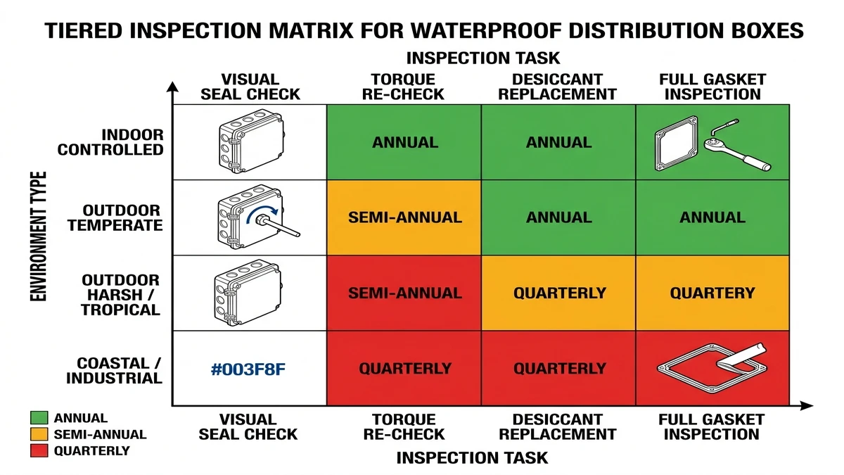 ** Waterproof distribution box inspection matrix by environment showing maintenance interval categories - **Caption:** Figure 4. Inspection intervals should be shortened as humidity, UV exposure, and salt contamination increase. - **Suggested aspect ratio:** 4:3