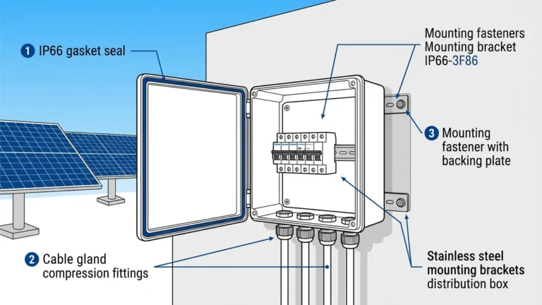 Waterproof distribution box installation on concrete wall showing IP66 enclosure, cable glands, and mounting hardware for solar PV systems