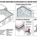 ** Waterproof distribution box moisture diagram showing condensation, gasket failure, and cable gland ingress - **Caption:** Figure 1. Waterproof distribution box moisture typically originates from condensation, gasket degradation, or cable entry leakage.