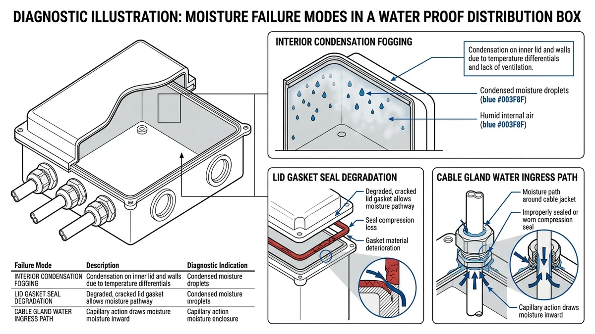 ** Waterproof distribution box moisture diagram showing condensation, gasket failure, and cable gland ingress - **Caption:** Figure 1. Waterproof distribution box moisture typically originates from condensation, gasket degradation, or cable entry leakage.