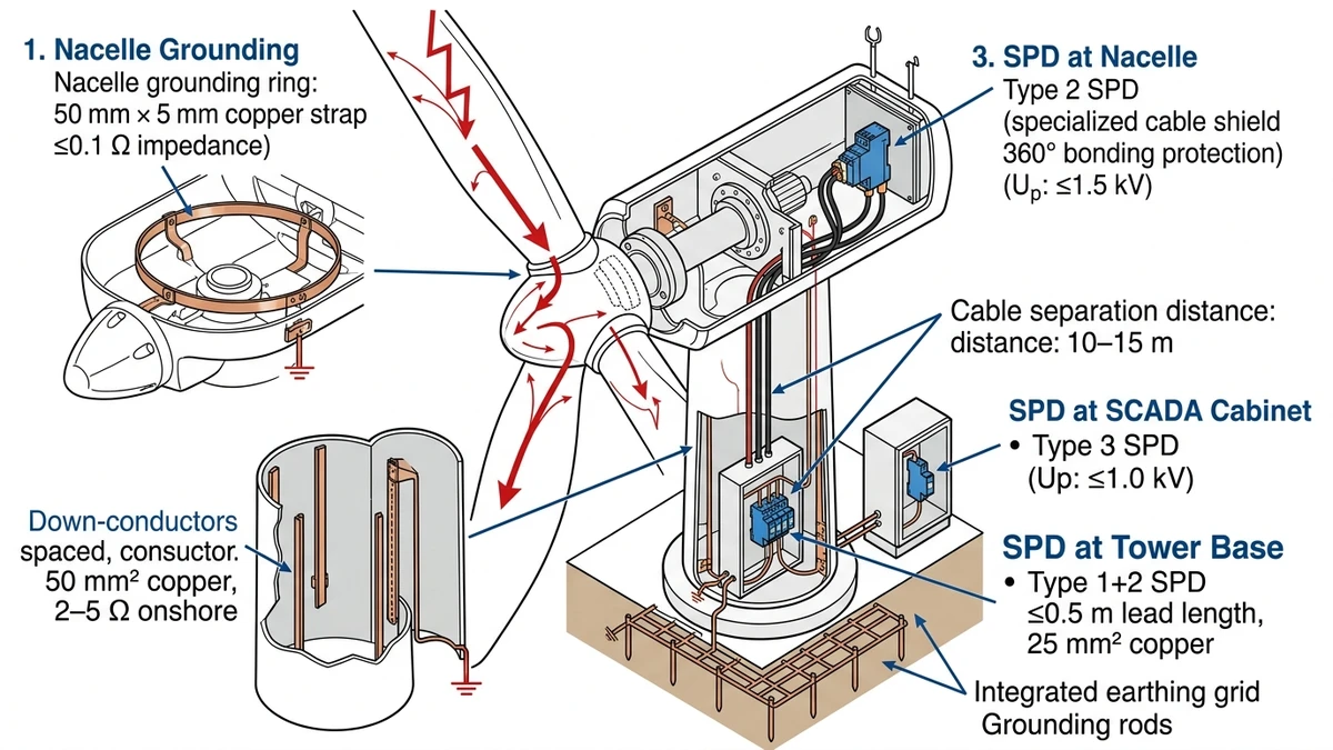 ** `Wind turbine SPD installation hierarchy showing nacelle grounding ring, Type 1/2/3 SPD placement, tower down-conductors, cable shield bonding, and surge current distribution paths with voltage protection levels