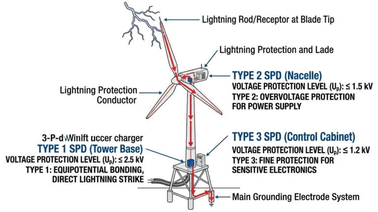 Wind turbine surge protection system showing Type 1, Type 2, and Type 3 SPD placement with lightning strike path and voltage protection levels